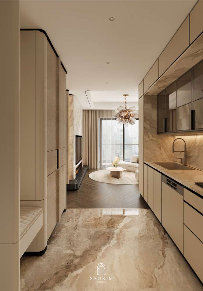 Không gian phòng bếp đẹp trong thiết kế nội thất chung cư cao cấp Lumière Evergreen phong cách Quiet Luxury
